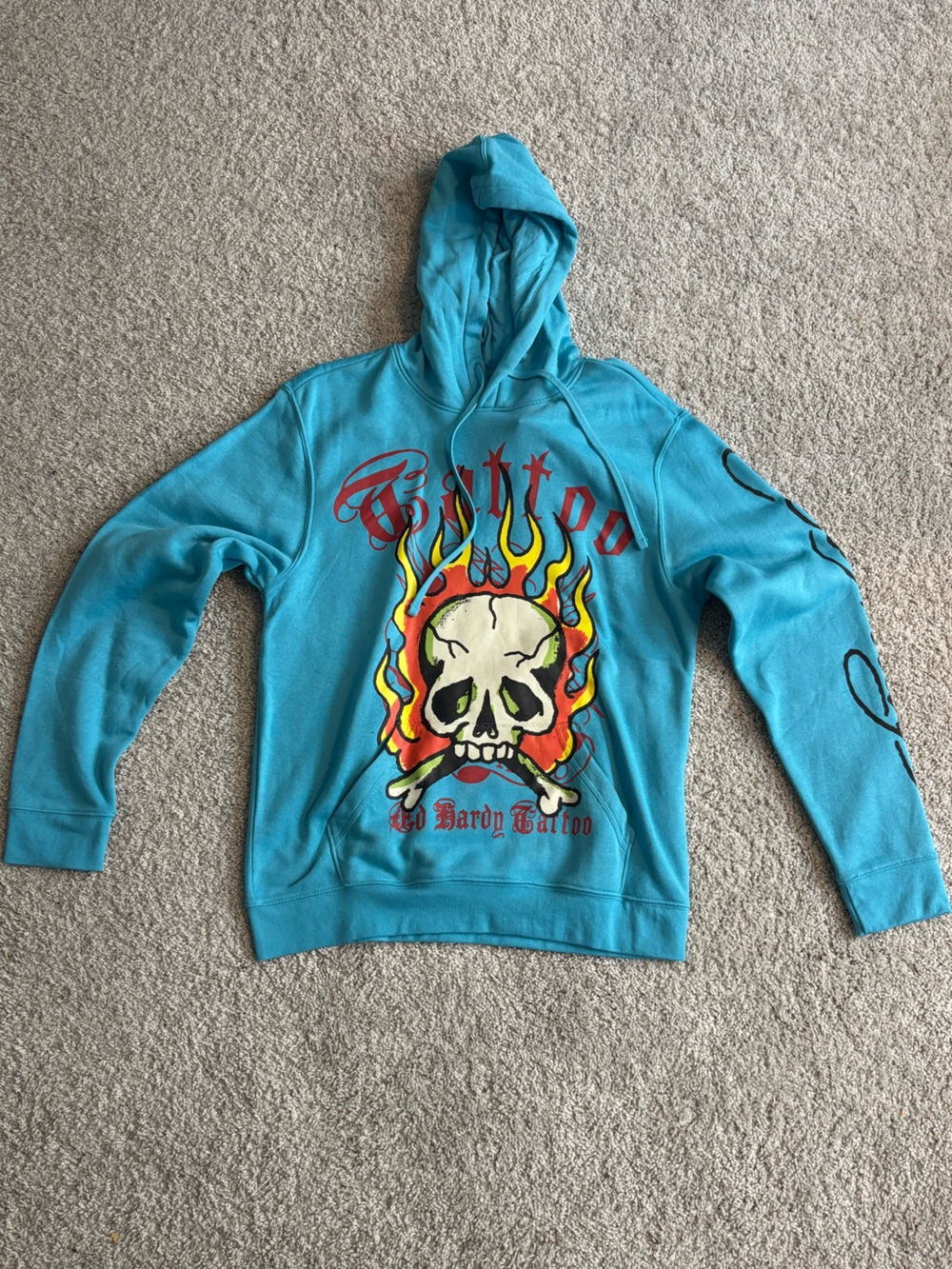 Ed Hardy Teal Hoodie with Flaming Skull Graphic